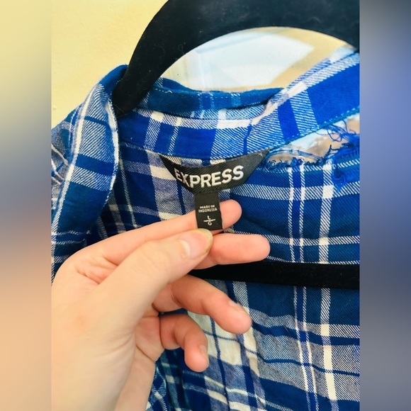 Express women’s oversized super soft boyfriend flannel size large blue plaid - Picture 4 of 7